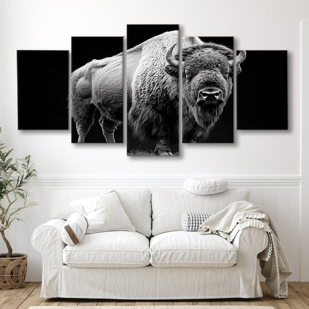 Black And White Photography Bison Portrait, Canvas Art Decor Print, Painting Art, Mixed Panels Canvas Print Wall Art
