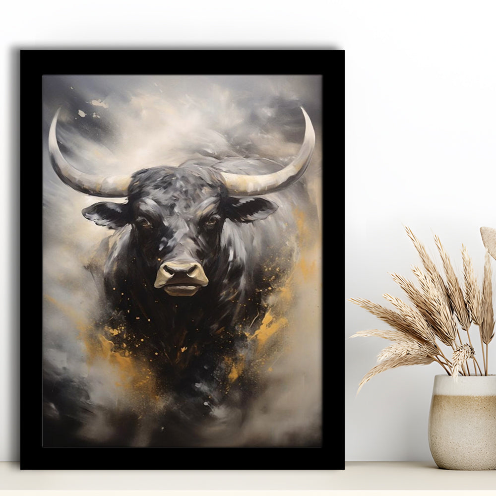 Black Bull, Ox Abstract Painting Extra Large, Framed Art Print Wall Decor, Picture Framed