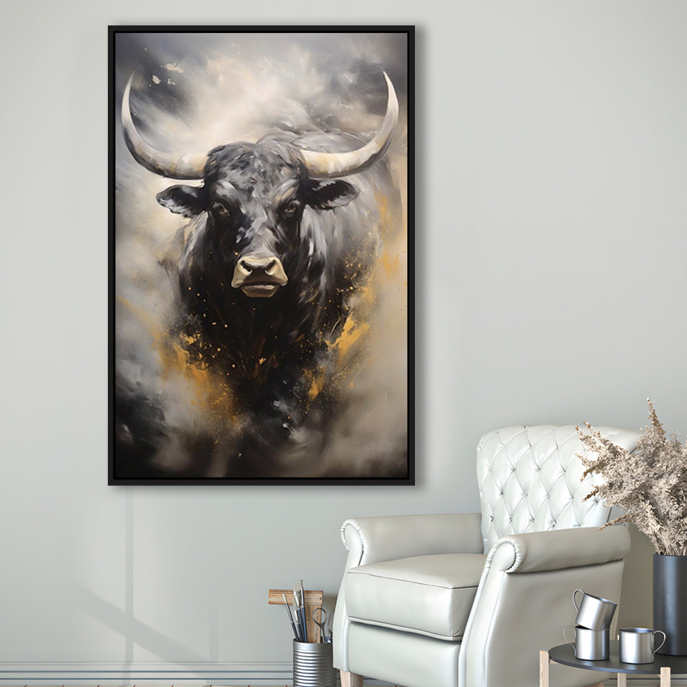 Black Bull, Ox Abstract Painting Extra Large, Framed Canvas Print Wall Art, Floating Frame