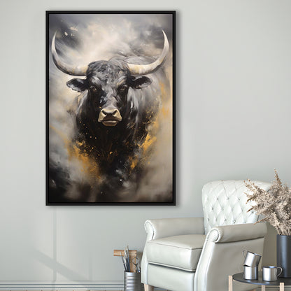 Black Bull, Ox Abstract Painting Extra Large, Framed Canvas Print Wall Art, Floating Frame