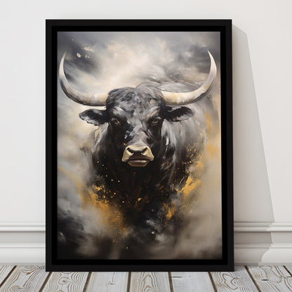 Black Bull, Ox Abstract Painting Extra Large, Framed Canvas Print Wall Art, Floating Frame