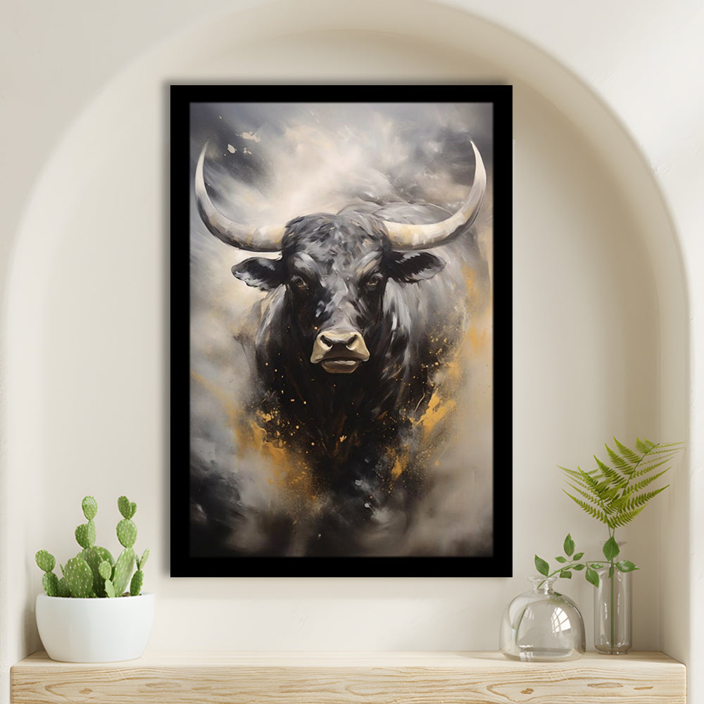 Black Bull, Ox Abstract Painting Extra Large, Framed Art Print Wall Decor, Picture Framed