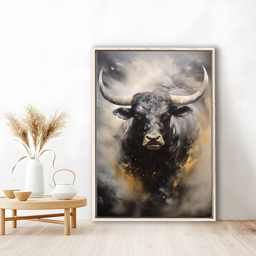 Black Bull, Ox Abstract Painting Extra Large, Framed Canvas Print Wall Art, Floating Frame