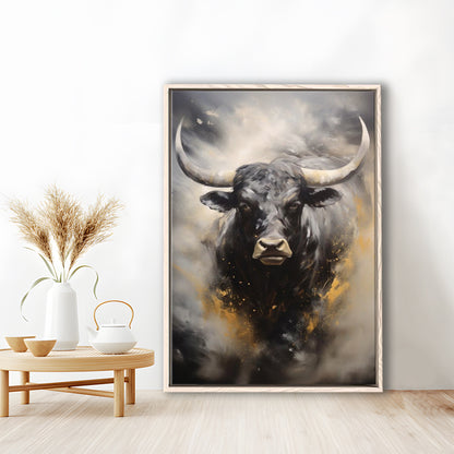Black Bull, Ox Abstract Painting Extra Large, Framed Canvas Print Wall Art, Floating Frame