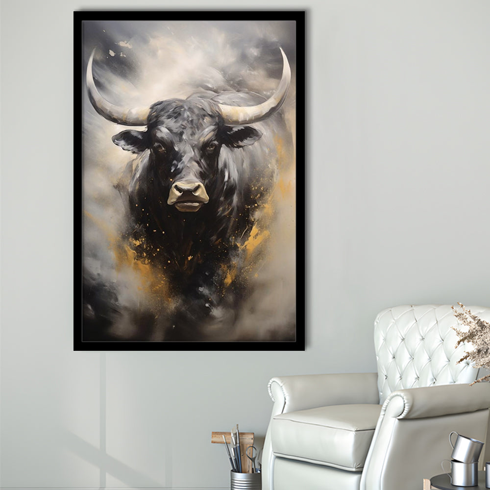 Black Bull, Ox Abstract Painting Extra Large, Framed Art Print Wall Decor, Picture Framed
