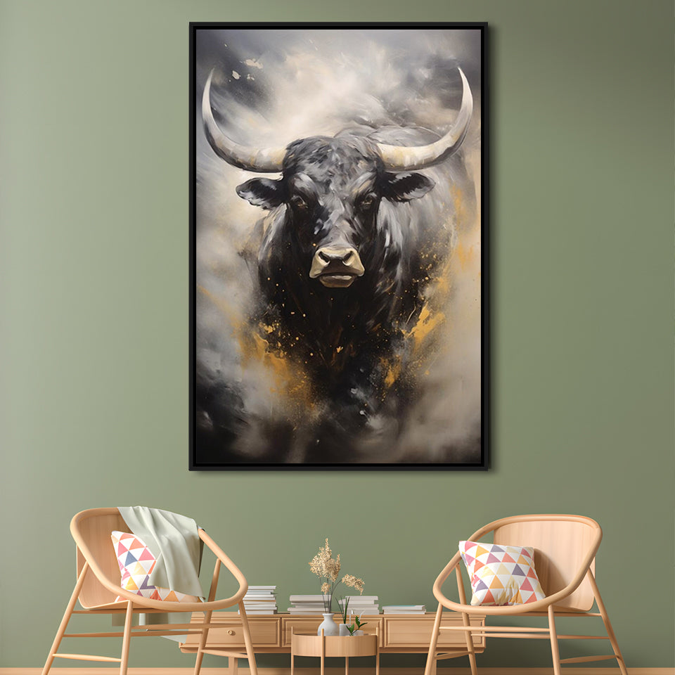Black Bull, Ox Abstract Painting Extra Large, Framed Canvas Print Wall Art, Floating Frame