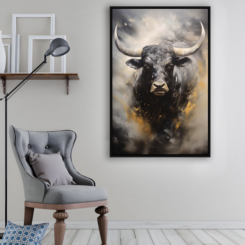 Black Bull, Ox Abstract Painting Extra Large, Framed Canvas Print Wall Art, Floating Frame