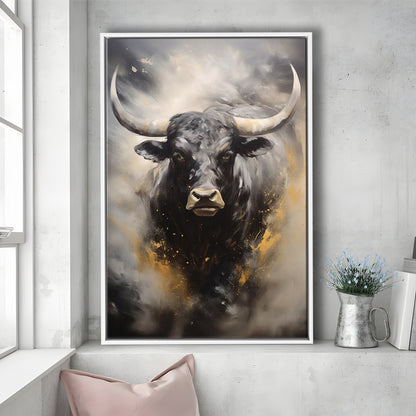 Black Bull, Ox Abstract Painting Extra Large, Framed Canvas Print Wall Art, Floating Frame