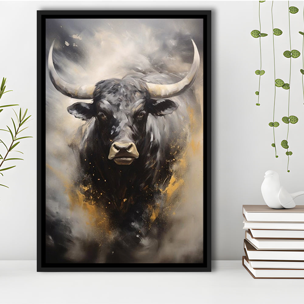 Black Bull, Ox Abstract Painting Extra Large, Framed Canvas Print Wall Art, Floating Frame