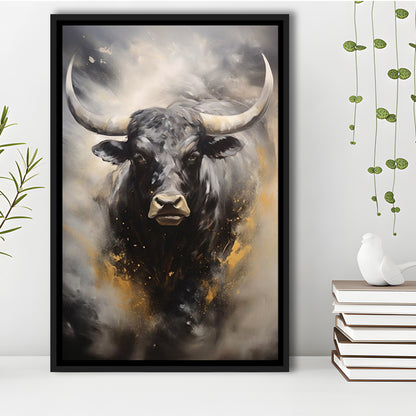 Black Bull, Ox Abstract Painting Extra Large, Framed Canvas Print Wall Art, Floating Frame