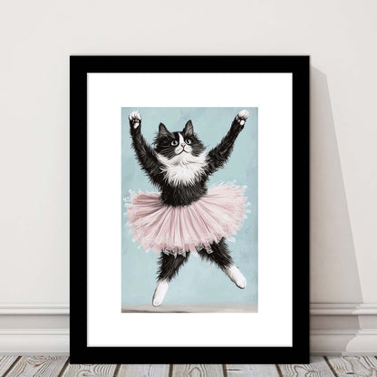 Black Cat Ballerina Wall Art Print, Funny Ballerina Cat Home Decor,Cat Lovers Gift, Framed Art Print, White Border