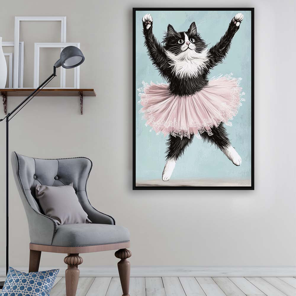 Black Cat Ballerina Wall Art Print, Funny Ballerina Cat Home Decor,Cat Lovers Gift, Framed Canvas Print, Floating Frame