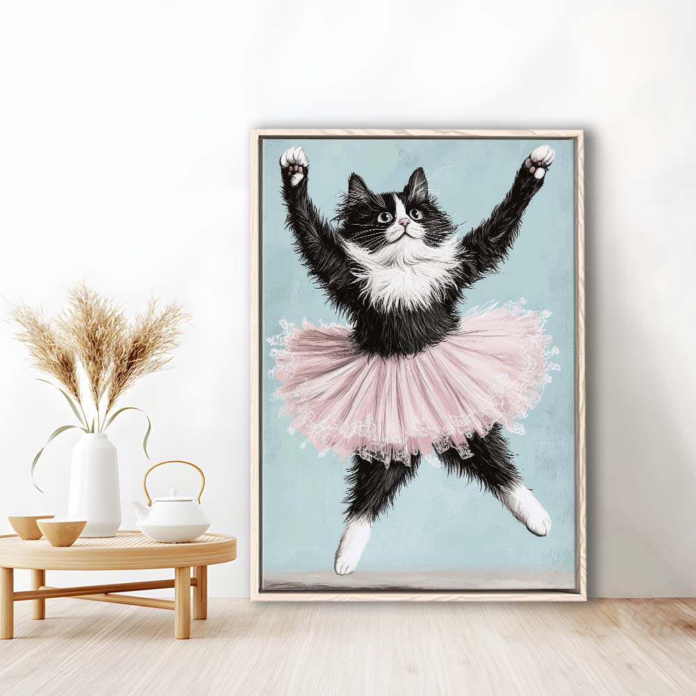 Black Cat Ballerina Wall Art Print, Funny Ballerina Cat Home Decor,Cat Lovers Gift, Framed Canvas Print, Floating Frame