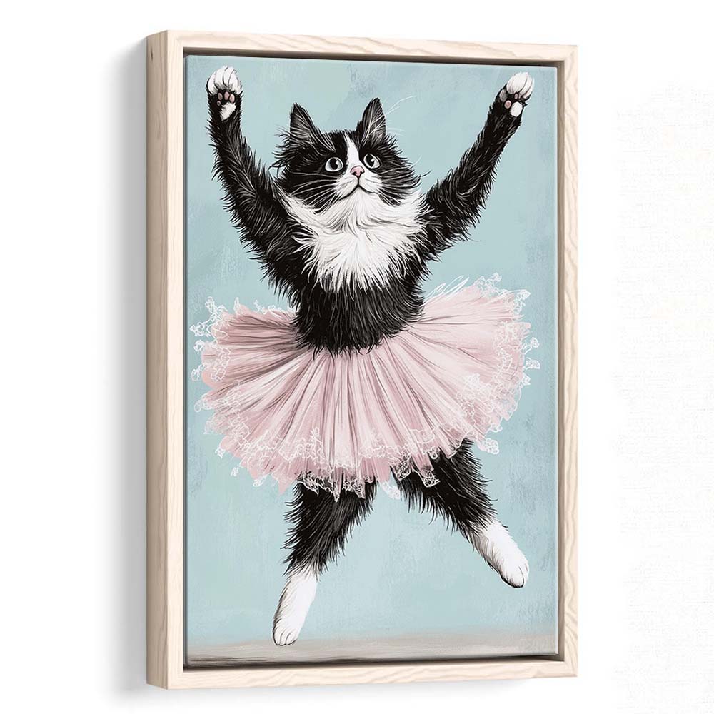 Black Cat Ballerina Wall Art Print, Funny Ballerina Cat Home Decor,Cat Lovers Gift, Framed Canvas Print, Floating Frame