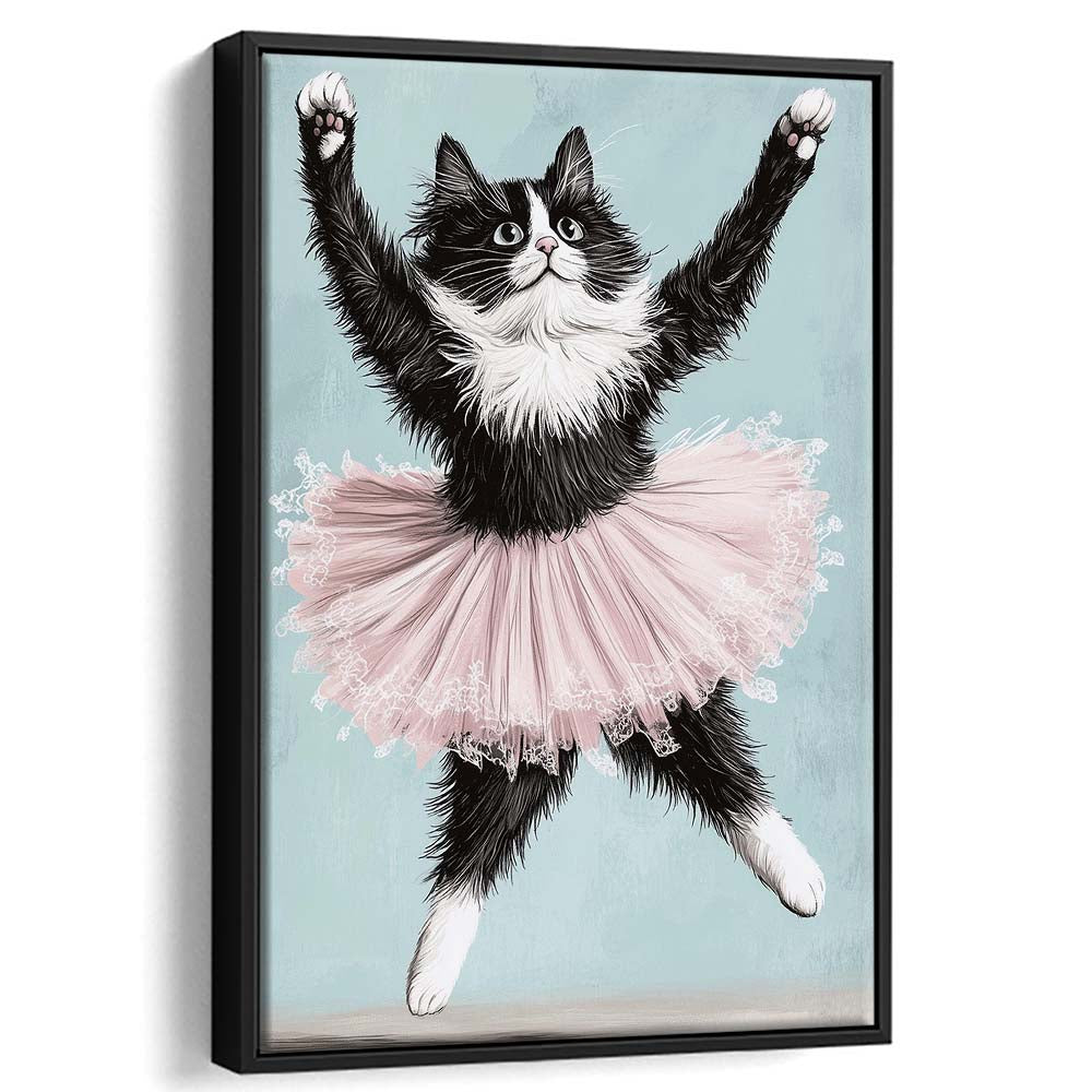 Black Cat Ballerina Wall Art Print, Funny Ballerina Cat Home Decor,Cat Lovers Gift, Framed Canvas Print, Floating Frame