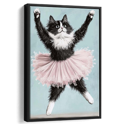 Black Cat Ballerina Wall Art Print, Funny Ballerina Cat Home Decor,Cat Lovers Gift, Framed Canvas Print, Floating Frame