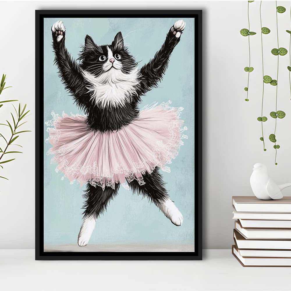 Black Cat Ballerina Wall Art Print, Funny Ballerina Cat Home Decor,Cat Lovers Gift, Framed Canvas Print, Floating Frame