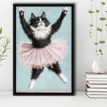 Black Cat Ballerina Wall Art Print, Funny Ballerina Cat Home Decor,Cat Lovers Gift, Framed Canvas Print, Floating Frame