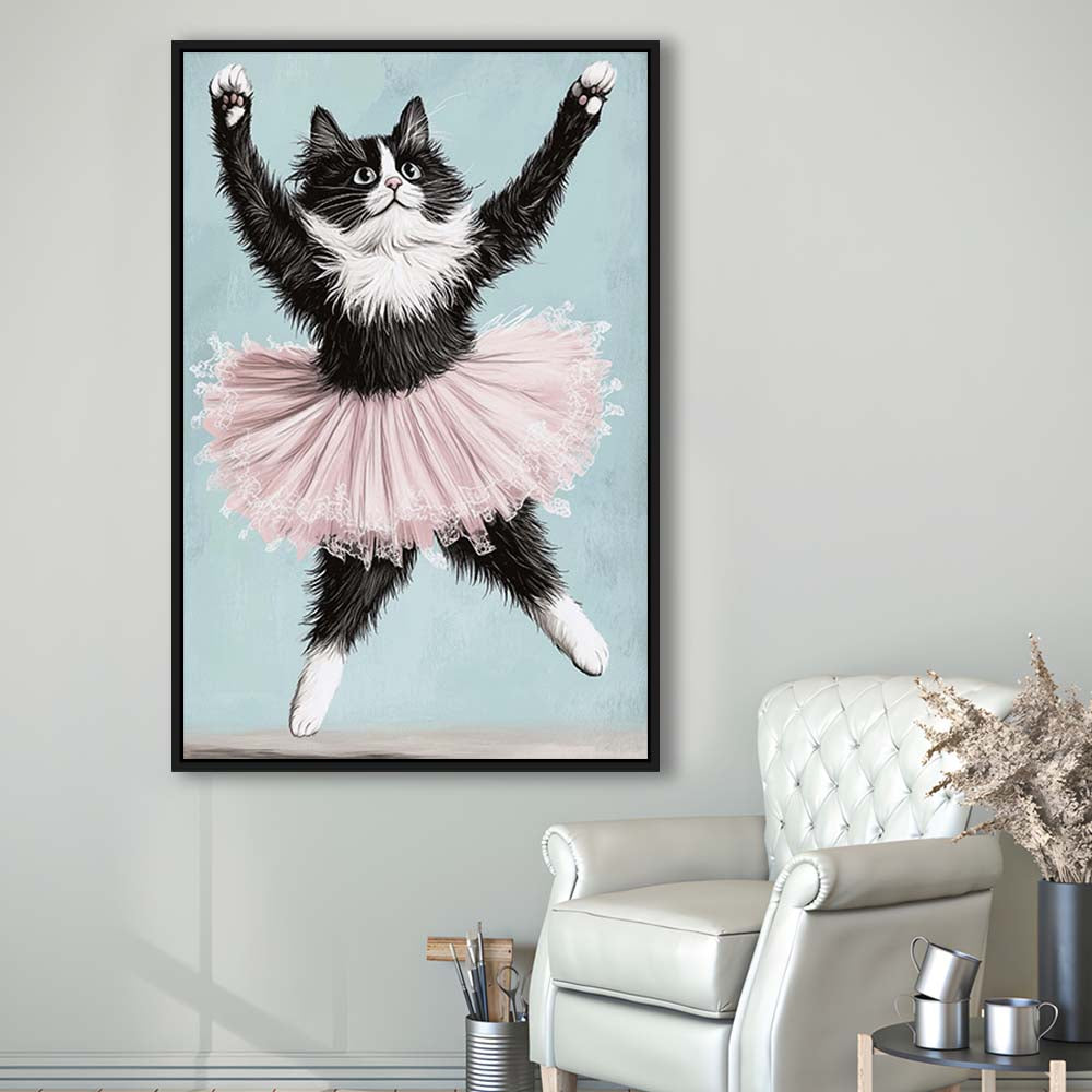 Black Cat Ballerina Wall Art Print, Funny Ballerina Cat Home Decor,Cat Lovers Gift, Framed Canvas Print, Floating Frame