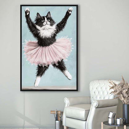 Black Cat Ballerina Wall Art Print, Funny Ballerina Cat Home Decor,Cat Lovers Gift, Framed Canvas Print, Floating Frame
