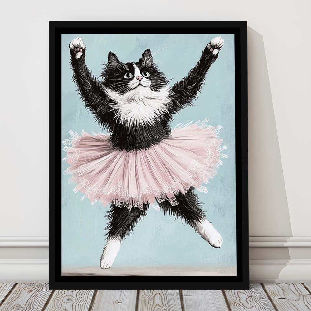 Black Cat Ballerina Wall Art Print, Funny Ballerina Cat Home Decor,Cat Lovers Gift, Framed Canvas Print, Floating Frame