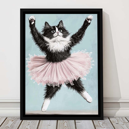 Black Cat Ballerina Wall Art Print, Funny Ballerina Cat Home Decor,Cat Lovers Gift, Framed Canvas Print, Floating Frame