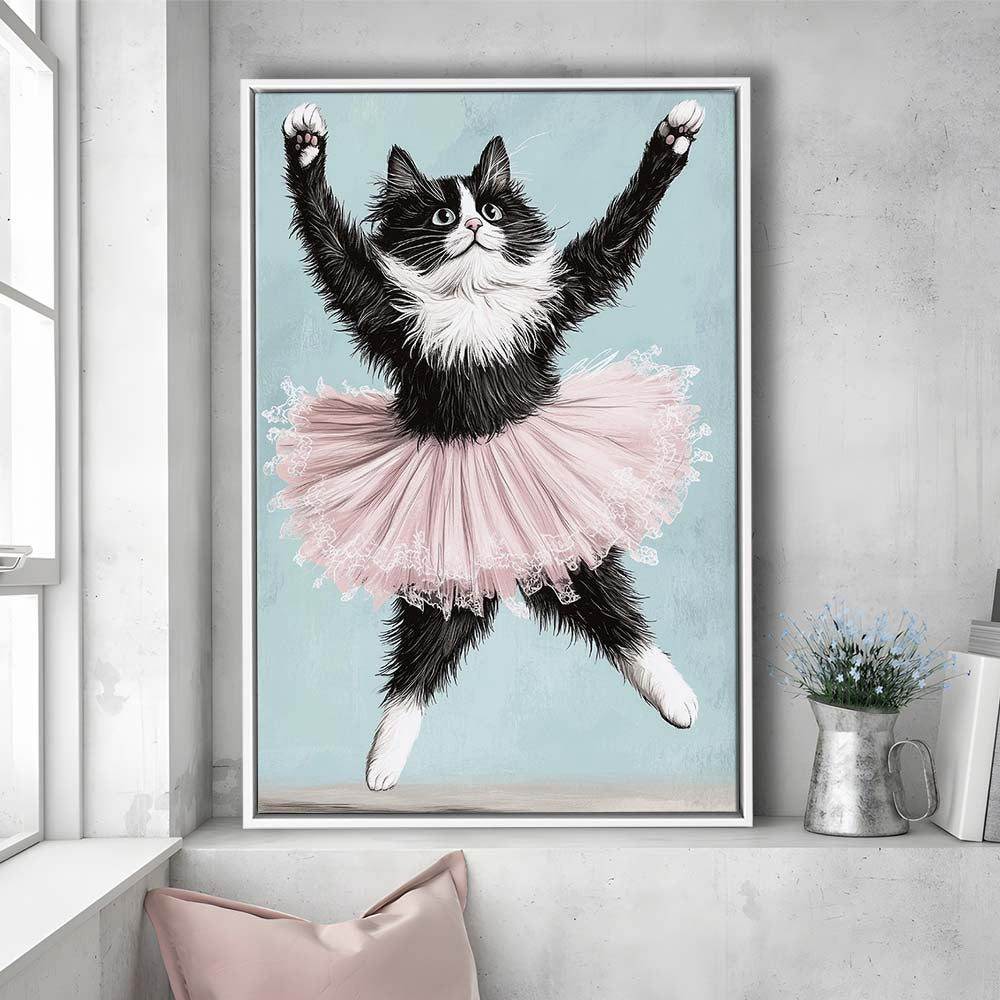 Black Cat Ballerina Wall Art Print, Funny Ballerina Cat Home Decor,Cat Lovers Gift, Framed Canvas Print, Floating Frame