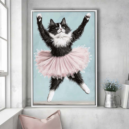 Black Cat Ballerina Wall Art Print, Funny Ballerina Cat Home Decor,Cat Lovers Gift, Framed Canvas Print, Floating Frame