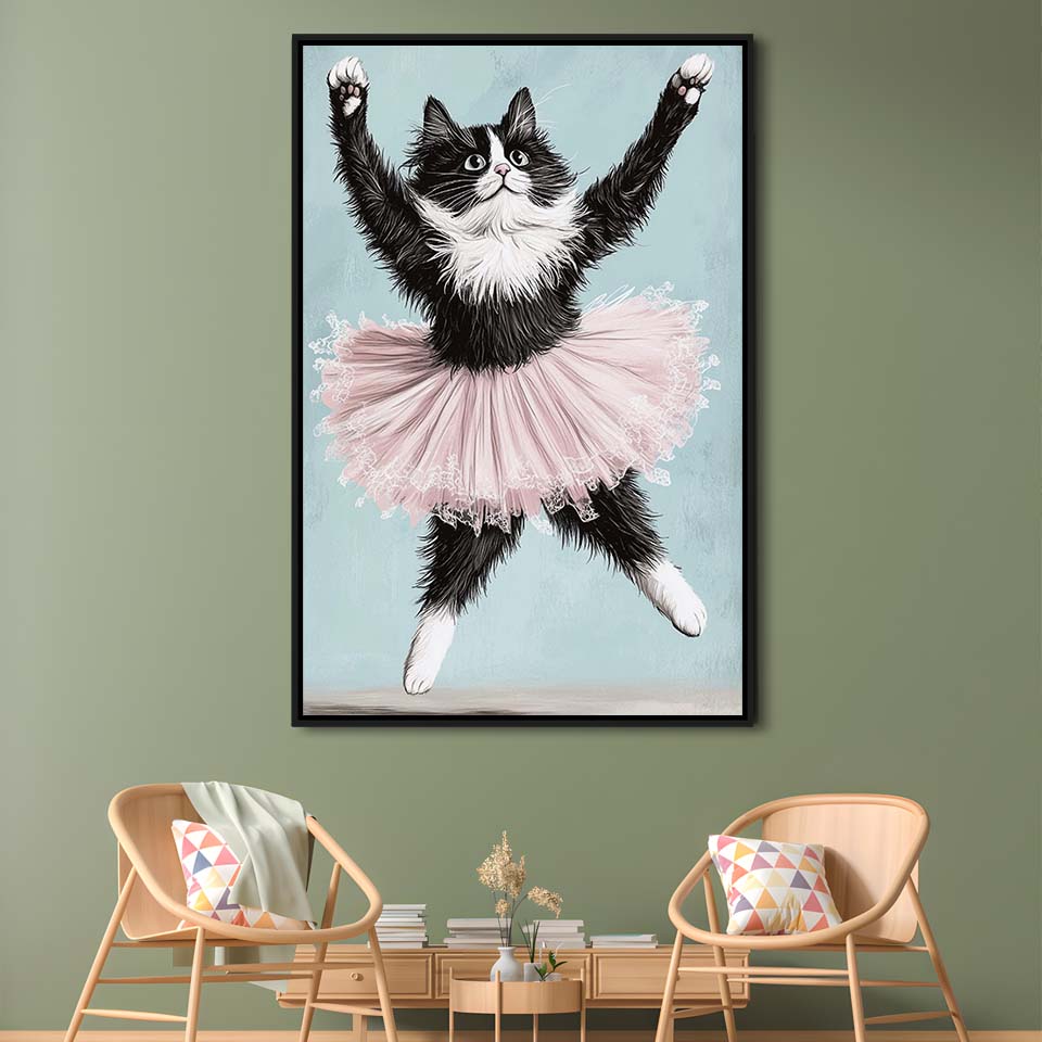 Black Cat Ballerina Wall Art Print, Funny Ballerina Cat Home Decor,Cat Lovers Gift, Framed Canvas Print, Floating Frame