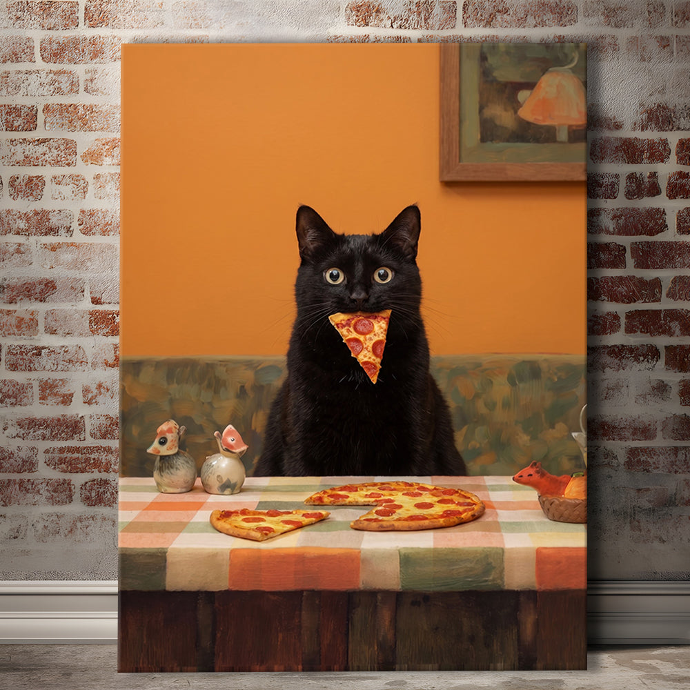 Black Cat Eating Pizza Print, Kitchen Wall Decor, Funny Cat, Cat Lovers Gift, Animal Wall Decor, Canvas Print, Canvas Decor