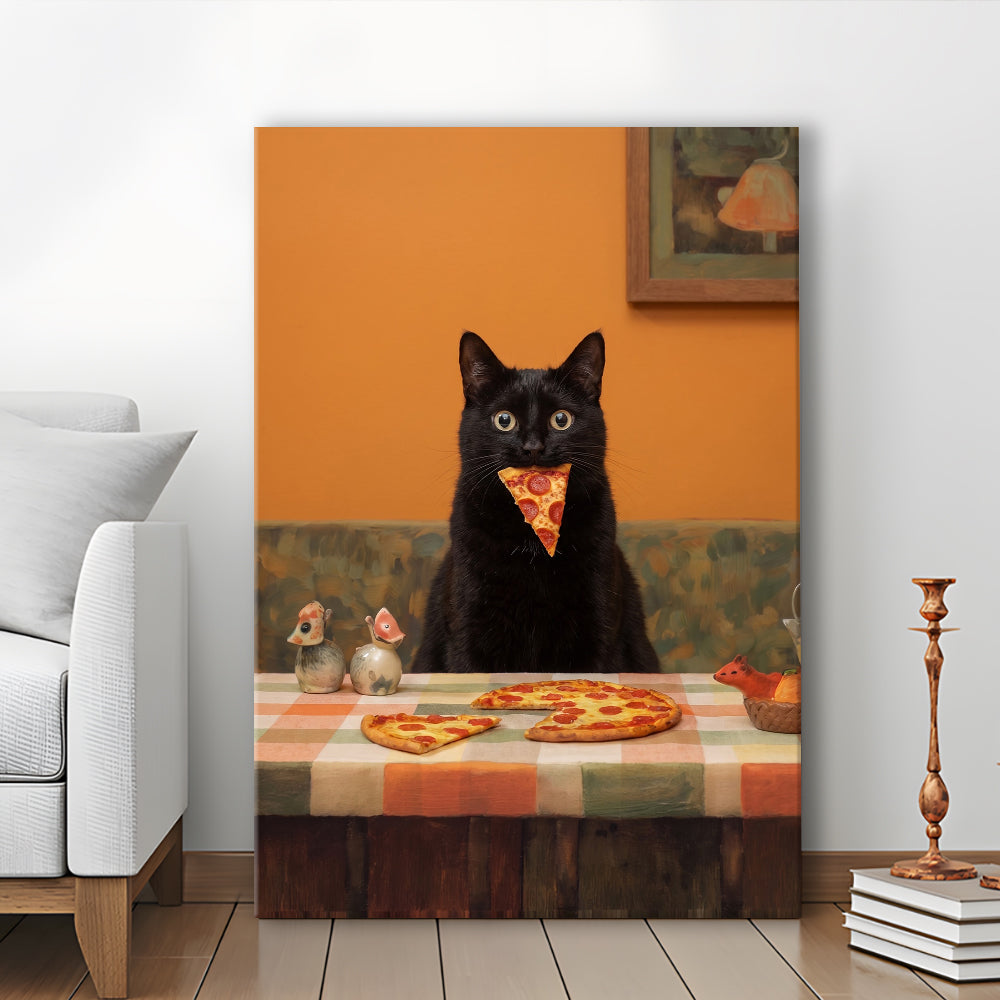 Black Cat Eating Pizza Print, Kitchen Wall Decor, Funny Cat, Cat Lovers Gift, Animal Wall Decor, Canvas Print, Canvas Decor