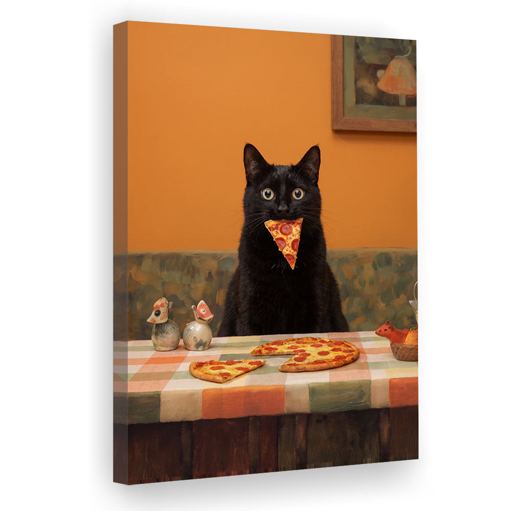 Black Cat Eating Pizza Print, Kitchen Wall Decor, Funny Cat, Cat Lovers Gift, Animal Wall Decor, Canvas Print, Canvas Decor