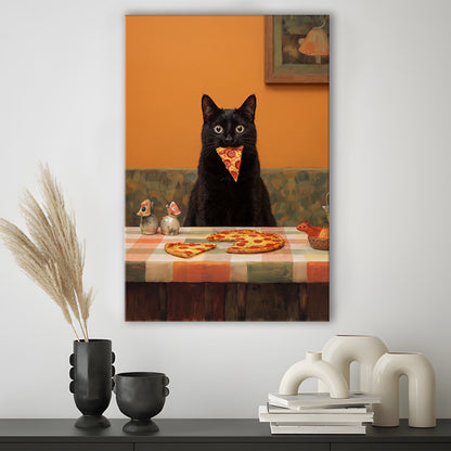 Black Cat Eating Pizza Print, Kitchen Wall Decor, Funny Cat, Cat Lovers Gift, Animal Wall Decor, Canvas Print, Canvas Decor