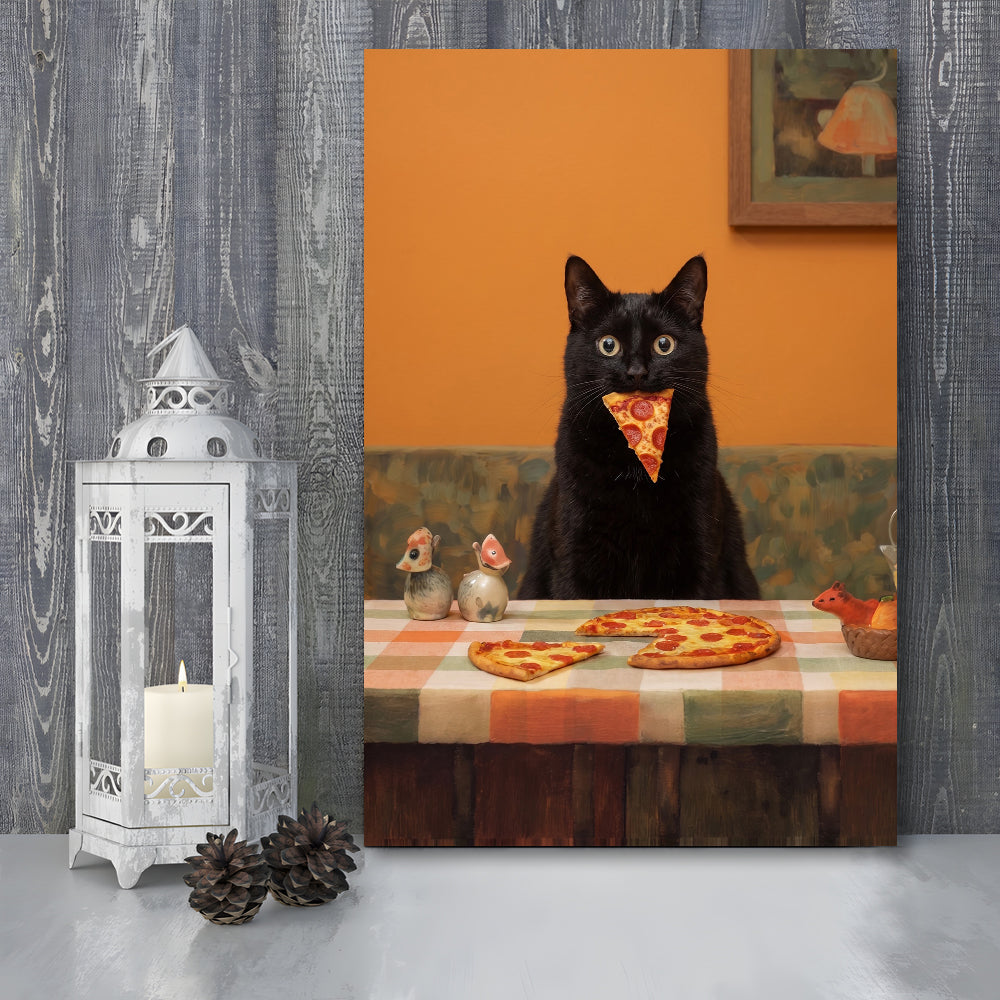 Black Cat Eating Pizza Print, Kitchen Wall Decor, Funny Cat, Cat Lovers Gift, Animal Wall Decor, Canvas Print, Canvas Decor