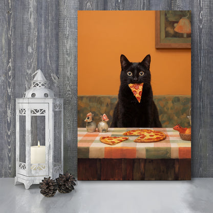 Black Cat Eating Pizza Print, Kitchen Wall Decor, Funny Cat, Cat Lovers Gift, Animal Wall Decor, Canvas Print, Canvas Decor
