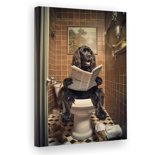 Black Cocker Spaniel Dog On The Toilet Reading Newspaper, Canvas Print Wall Art, Wall Decor, Painting Canvas