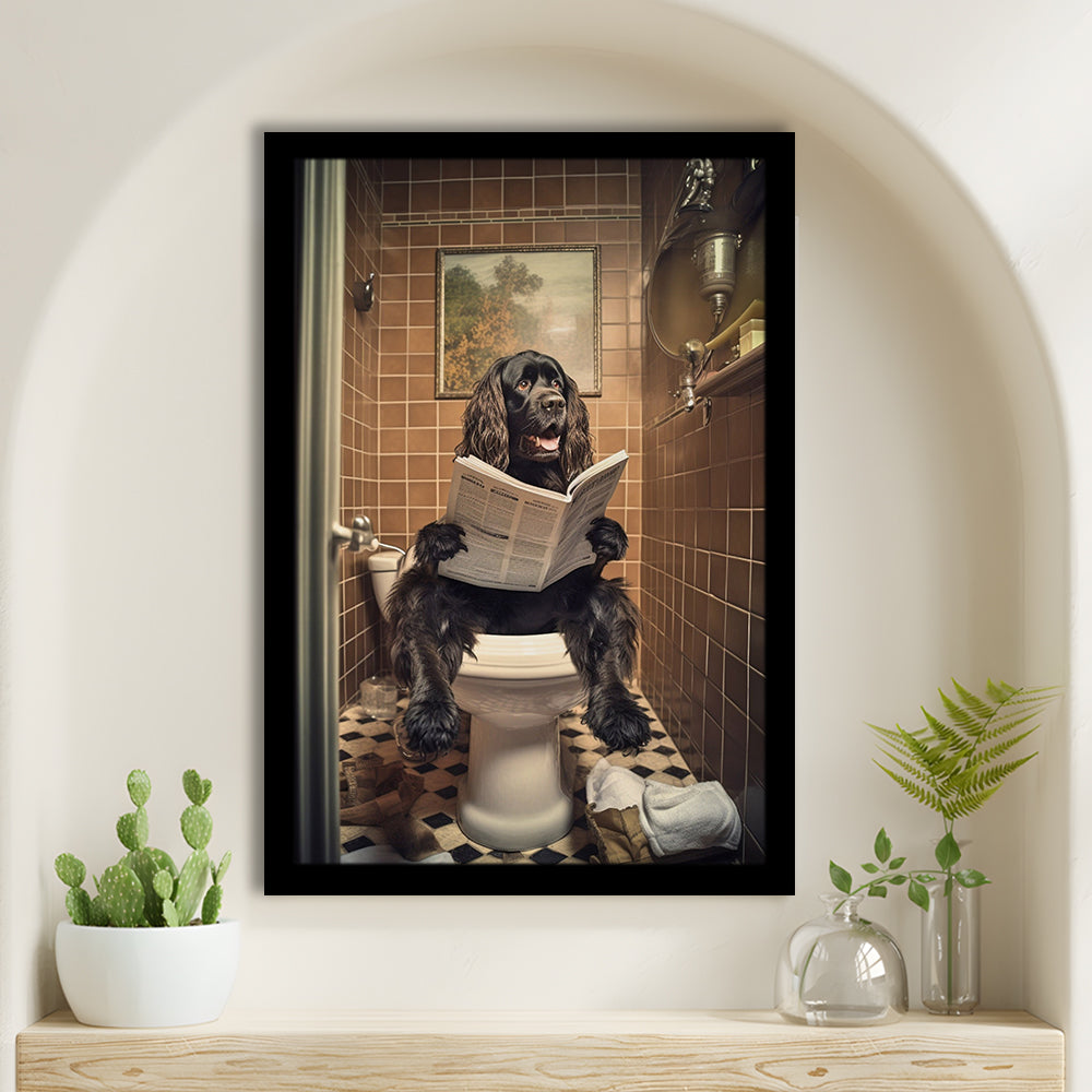 Black Cocker Spaniel Dog On The Toilet Reading Newspaper, Framed Art Print Wall Decor, Picture Framed