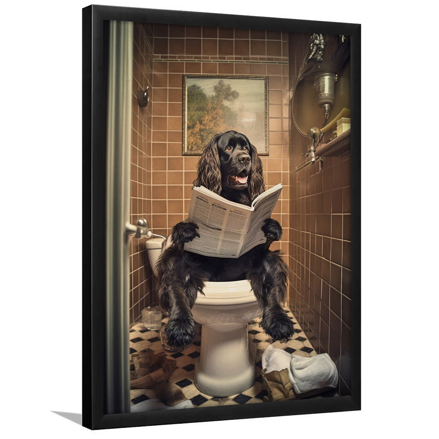 Black Cocker Spaniel Dog On The Toilet Reading Newspaper, Framed Art Print Wall Decor, Picture Framed