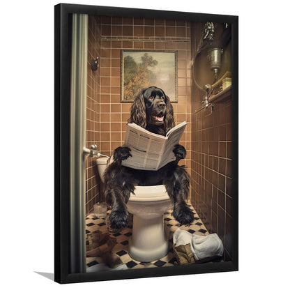 Black Cocker Spaniel Dog On The Toilet Reading Newspaper, Framed Art Print Wall Decor, Picture Framed