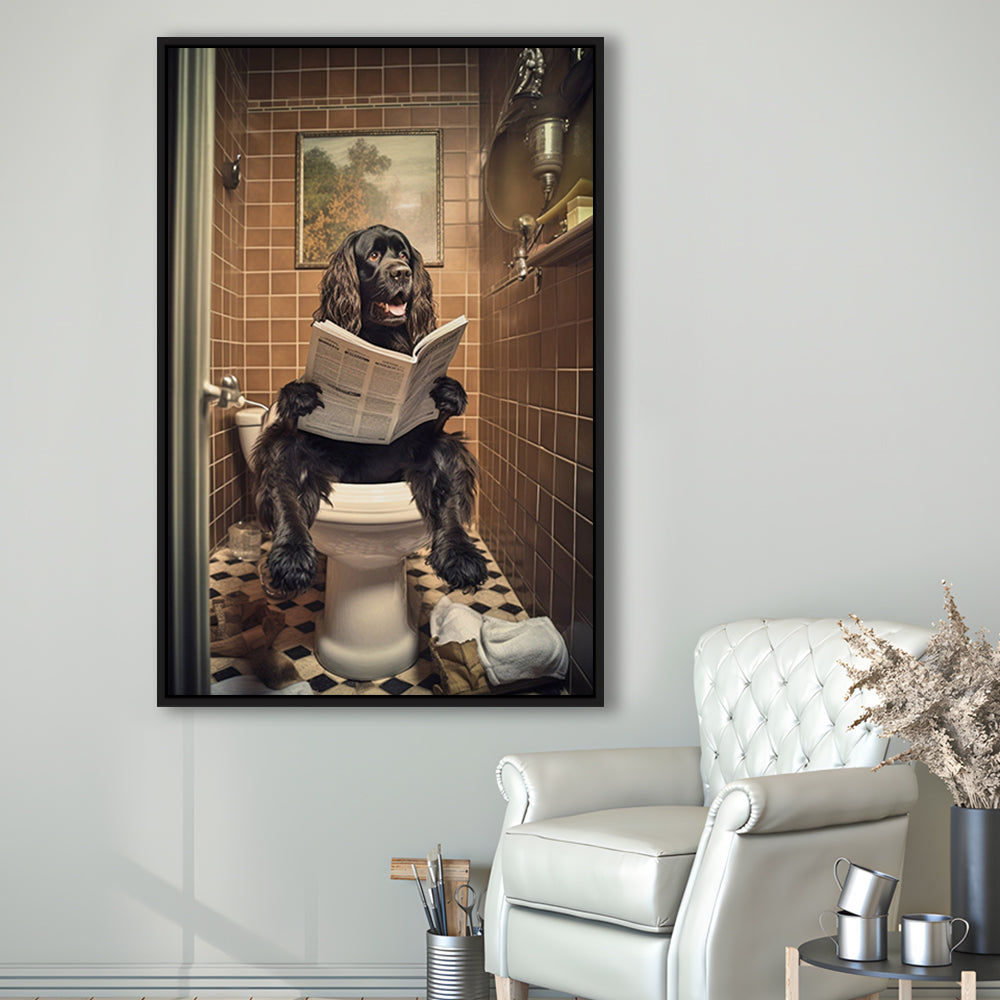 Black Cocker Spaniel Dog On The Toilet Reading Newspaper, Framed Canvas Print Wall Art, Floating Frame