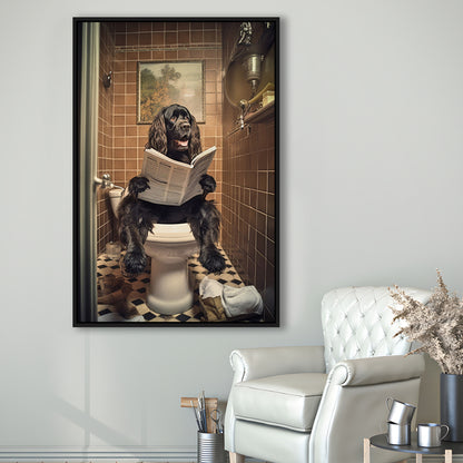 Black Cocker Spaniel Dog On The Toilet Reading Newspaper, Framed Canvas Print Wall Art, Floating Frame