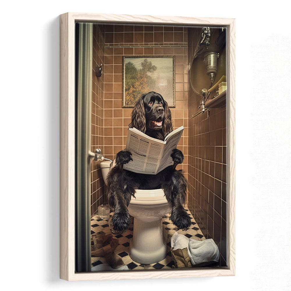 Black Cocker Spaniel Dog On The Toilet Reading Newspaper, Framed Canvas Print Wall Art, Floating Frame