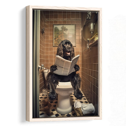 Black Cocker Spaniel Dog On The Toilet Reading Newspaper, Framed Canvas Print Wall Art, Floating Frame