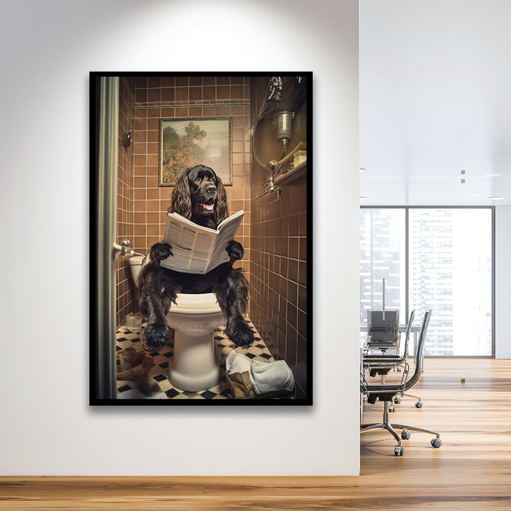 Black Cocker Spaniel Dog On The Toilet Reading Newspaper, Framed Art Print Wall Decor, Picture Framed