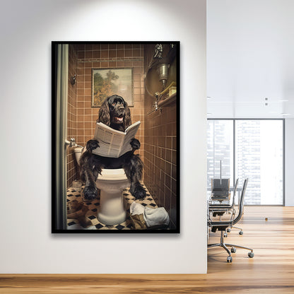 Black Cocker Spaniel Dog On The Toilet Reading Newspaper, Framed Art Print Wall Decor, Picture Framed
