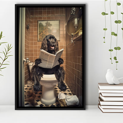 Black Cocker Spaniel Dog On The Toilet Reading Newspaper, Framed Canvas Print Wall Art, Floating Frame