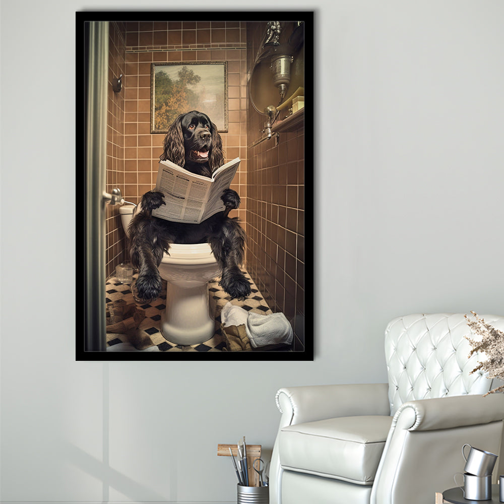 Black Cocker Spaniel Dog On The Toilet Reading Newspaper, Framed Art Print Wall Decor, Picture Framed