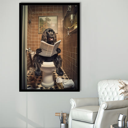 Black Cocker Spaniel Dog On The Toilet Reading Newspaper, Framed Art Print Wall Decor, Picture Framed