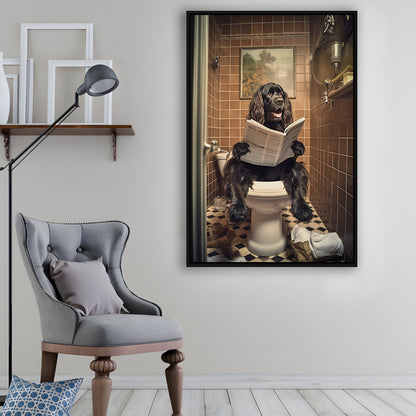 Black Cocker Spaniel Dog On The Toilet Reading Newspaper, Framed Canvas Print Wall Art, Floating Frame