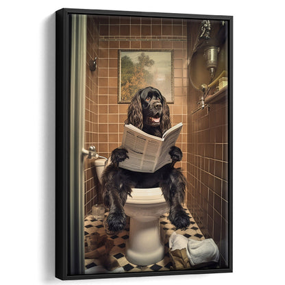 Black Cocker Spaniel Dog On The Toilet Reading Newspaper, Framed Canvas Print Wall Art, Floating Frame